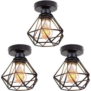 Kal-Lot De 3 Plafonniers Industrielles Vintages Luminaires E27 Rétro Lustre Suspension Design Métal Cage Ø160mm Éclairage Plafond Pour Salon Cuisine Chambre - Neuf