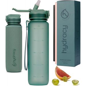 Eryi-Gourde D'eau 1l Sans Bpa, Bouteille Avec Marqueur De Temps, Paille Et Verrouillage Sécurisé - Housse En Néoprène, Étanche, Anti-Fuite, Réutilisable, Légère - Idéal Pour Sport, École, Travail - Neuf