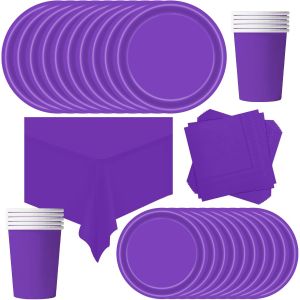 KALANKA-69 Pi&egrave;ces Vaisselle Jetable Anniversaire Violet fonc&eacute;,Assiette Carton Papier Tasses Serviettesr Nappe pour F&ecirc;te de No&euml;l,Vaisselle de F&ecirc;te Enfants,Barbecue Les F&ecirc;tes Les Pique-niques(16 Invit&eacute; - Neuf