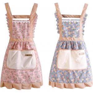 ERYI-Lot De 2 Tabliers De Cuisine Femme, Tablier En Lin Et Coton, Réglable Chef Tabliers Avec Poches Pour Cuisine, Jardinage, Restaurant, Restaurant, Barbecue, Rayures - Neuf