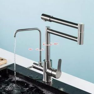 Robinet de cuisine à osmose inverse à 3 voies, pivotant à 360°, pliable, eau pure, en acier inoxydable brossé - Neuf