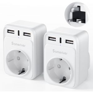 JGD-Adaptateur de Voyage Adaptateur UK Angleterre Allemagne Prise Adaptateur de Voyage UK avec 2 Prises USB 1USB C (3A) Adaptateur de Type G pour UK Irlande Chargeur Mural Station (2 pi&egrave;ces) - Neuf