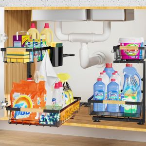 Chenquansarl-Lot De 2 Rangement Sous Evier, 2 Étages Métal Organisateur Sous Évier Coulissant À Extraction, Avec 8 Crochets& 2 Tasses, Réglable En Hauteur Rangement Evier Sous Cuisine,Placard(Noir) - Neuf