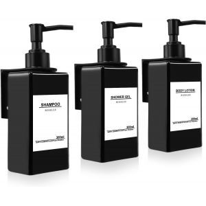 ERYI-3 Pièces Distributeur De Savon Mural, Distributeur Savon Douche Noir, 300Ml Flacon Pompe Vide No Perçage Avec Étiquettes Pour Cuisine Et Salle De Bain - Neuf