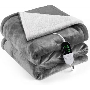 Couverture Chauffante Flanelle 133x155cm, Plaid Chauffant avec 6 Niveaux de Dhaleur, Minuterie 10H, Chaleur Rapide, Protection Contre la Surchauffe, Affichage LED, Lavable en Machine (Gris) - Neuf