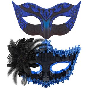 2 Pi&egrave;ces Couple Masque V&eacute;nitien Masque De Mascarade V&eacute;nitien Masque Mascarade Bal Masqu&eacute; Pour Femme Homme Les Yeux Pour Halloween Mascarade Carnaval,Noir & Bleu.[J15] - Neuf