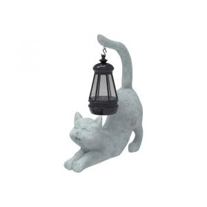 Figurine de jardin solaire - Chat 20 cm - R&eacute;sine grise laqu&eacute;e - LED solaire autonome - R&eacute;sistante aux intemp&eacute;ries - Neuf