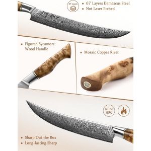Couteau Universel, Acier Damas Couteaux D'office, Multifonctionnel Couteau &agrave; Fruits, Figured Sycamore Wood Handle - Neuf