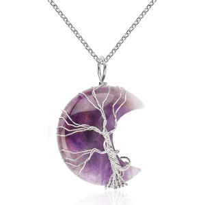 Tree Of Life Wire Wrap Pendant Necklace, Reiki Crescent Moon Pendant, Natural Gemstone Pendant Handmade Wire Wrap For Women - Neuf