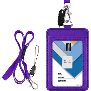 CAUC-Porte-badges vertical double-face En cuir PU Avec lani&egrave;re de cou amovible de 58,4 cm, Noir Vertical violet - Neuf