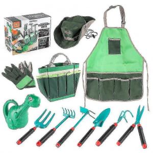 Ensemble de 11 outils de jardinage pour enfants (2025) comprenant un sac fourre-tout, une pelle, un r&acirc;teau, une fourchette, un tablier, des gants, un arrosoir, des jouets d'ext&eacute;rieur, un cadeau pour gar&ccedil;ons et filles - Neuf