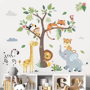 ERYI-Stickers Muraux Animaux De La Jungle Arbre Autocollant Mural Safari Éléphant Girafe Lion Décoration Murale Chambre Enfants Bébé Pépinière Salon - Neuf