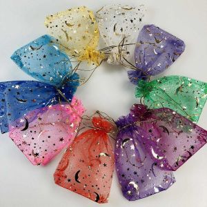 100 sacs en maille Organza or estampage argent étoiles lune bijoux reliure bouche cadeau corde stockage (mixte - Neuf