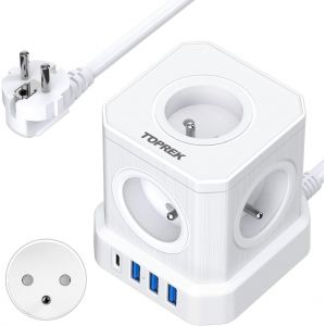 YTFHG-Multiprise USB Cube, Cube Rallonge Multiprise 2M avec 5 Prises AC Française, 1 USB C(20W PD3.0) et 3 USB A, 1 Interrupteur, 4000W/16A, France Voyage Bureau à Domicile Power Board, Blanc - Neuf