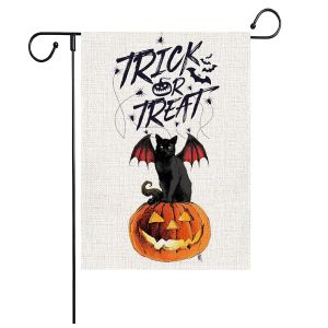 Drapeaux de jardin double face Halloween 30 x 45 cm, bannière de jardin Halloween, chat noir, citrouille, décoration intérieure ou extérieure, bannière de porche Halloween - Neuf