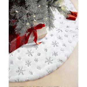 Jupe de sapin de No&euml;l &agrave; paillettes argent&eacute;es en forme de flocons de neige, orn&eacute;e de 90 cm de d&eacute;corations et d'une base en fausse fourrure blanche comme neige - Accessoire de sapin festif 2025 - Neuf