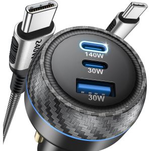 Chargeur De Voiture Usb C 165 W, Pd3.1 140 W/Pd3.0 100 W Type C, Chargeur De Voiture Qc5 Super Rapide Avec C&acirc;ble De 240 W Pour Macbook Pro, T&eacute;l&eacute;phone 15, Samsung S24, Ipad, Ordinateurs Portables - Neuf