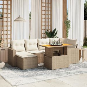 Salon De Jardin Avec Coussins 7 Pcs Beige Résine Tressée - Neuf