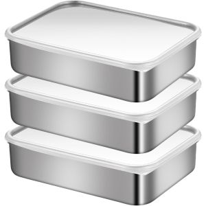 Letnerny-Lot De 3 Boîtes De Conservation En Acier Inoxydable Avec Couvercle - 1,2 L - Boîtes À Sandwich En Acier Inoxydable Avec Couvercle - 1,2 L - Récipient De Congélation - Boîte De Rangement - Neuf