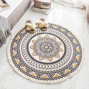 Tapis Rond En Coton Tiss&eacute; &Agrave; Franges, Motif Boh&egrave;me, Lavable, Antid&eacute;rapant Et Absorbant, Id&eacute;al Pour Le Salon, La Chambre, La Cuisine Et La Buanderie (92 Cm). - Neuf