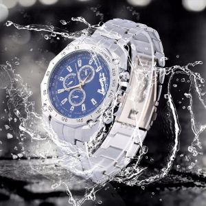 Montre A Quartz Analogique Elegante Pour Homme, Bracelet En Alliage, Boitier En Metal, Montre-Bracelet Ronde, Cadran Bleu - Neuf