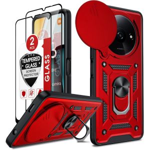 Kal-Coque Pour Xiaomi Redmi A3 4g Anneau Avec 2*Verre Trempé+Full Protection Caméra Coulissante, Étui De Pc Dur Et Tpu Silicone Militaire Anti-Rayures Coque Redmi A3 4g Antichoc-Rouge - Neuf