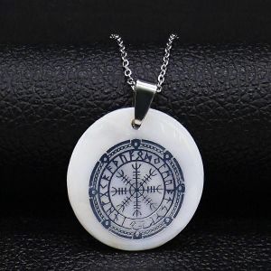 Viking Islandais Vegvisir Casque B&acirc;tons Magiques Boussole Rune Amulette Collier Coquillage En Acier Inoxydable Collier Bijoux N19137 - Neuf