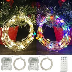 KAL-Lot De 2 Guirlandes Lumineuses À Piles - 50 Led - 5 M - Blanc Chaud + Multicolore - 12 Modes - Intensité Variable - Batterie Extérieure Avec Télécommande - Minuterie - Micro Guirlande - Neuf