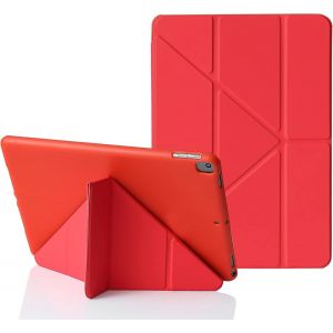 LORANKA-MuyDoux Origami Coque pour iPad 10,2 Pouces 9e 8e 7e G&eacute;n&eacute;ration 2021/2020/2019, 5-en-1 Multiple Angles de Vue, Housse Finition Soyeuse et Dos Souple Antichoc, Veille/R&eacute;veil Automatique, Rouge - Neuf