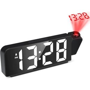 KALANKA-Reveil Projecteur Plafond, Reveil Projecteur 180°, Réveil Projection avec Température, 4 Niveaux de Luminosité Réglable Horloge NuméRique LED, Charge USB, pour Chambre, Bureau - Neuf