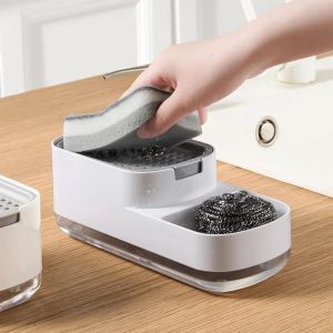 KAL-® Distributeur De Savon 2 En 1 Distributeur De Savon Pour Évier De Cuisine Distributeur De Savon À Pompe Avec Porte-Éponge Distributeur De Détergent Rechargeable (Blanc B) - Neuf