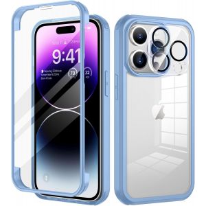 Eryi-Coque Pour Iphone 14 Pro Max Antichoc Housse Avec Verre Trempé Protection Écran +[9h Dureté Caméra Protecteur] Full Body Bumper Rubuste Integrale Etui Pour Iphone 14 Promax - Bleu - Neuf