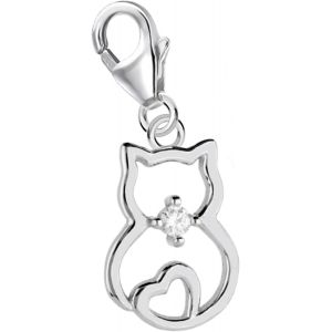 Breloque En Forme De Chat En Argent Sterling 925 Avec Pierres En Cristal De Zirconium Et Fermoir Mousqueton Pour Bracelets &Agrave; Breloques C138, 27 X 11 Mm, Zircone Cubique Zircone - Neuf
