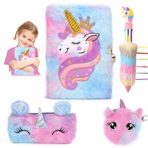 JEXNOVASHOP-Journal Intime Fille avec Cadenas, Ensemble de Cahier de Licorne en Peluche et Un Stylo Multicolore, Agenda Secret pour Fille avec Cadenas, Cadeau de No&euml;l Licorne Fille 3-9 Ans (Violet) - Neuf