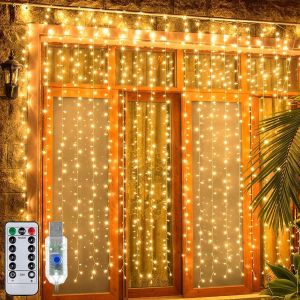 KAL-Rideau Lumineux Noel 3M X 3M, 300 Led Guirlande Lumineuse Rideau Blanc Chaud 8 Modes Usb Guirlande Lumineuse Exterieur Imperméable Avec Minuterie Pour Chambre Noël Mariage Anniversaire Fenêtre - Neuf