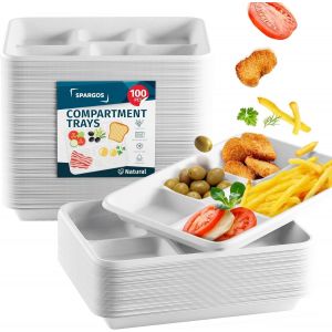 Mevronisshop-Plateaux Alimentaires &Agrave; 5 Compartiments (100 Pack) 21,6 X 31,5 Cm - Service F&ecirc;te - Canne &Agrave; Sucre R&eacute;sistants - Plateaux Biod&eacute;gradables - Assiettes Jetables Blanches - Vaisselle Compostabl - Neuf