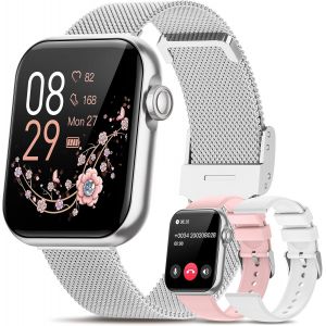 Montre Connectée Femme Avec Appel, 1.83¿ Smartwatch Avec 3 Bracelets, Fonction Féminine Sommeil Fréquence Cardiaque, Spo2 100+ Modes Sportifs Podometre Ip68 Calories Android Ios Argent, Cadeau - Neuf