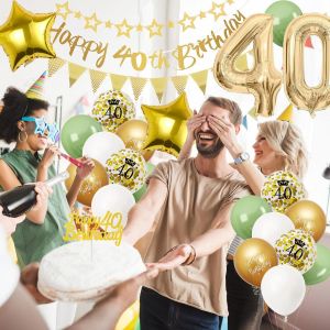 D&eacute;coration Anniversaire 40 Ans Vert Or - Ballons Et Accessoires De F&ecirc;te Pour Femme Et Homme - Neuf