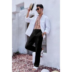 Pantalon En Lin Pour Homme - Long Et L&eacute;ger - En Coton - Coupe Ample - D&eacute;contract&eacute; - Pour Les Loisirs, La Plage, Le Yoga - Neuf
