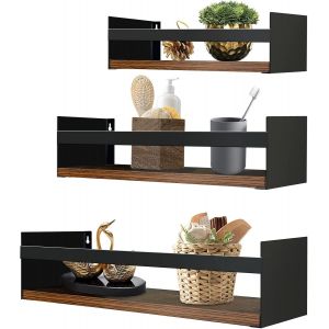 Mevronisshop-Tag&egrave;re Murale Avec Rebord Lot De 3, &Eacute;tag&egrave;re Murale Flottante Bois Et M&eacute;tal Noir Pour Chambre, Cuisine, Salle De Bain, Salon Et Bureau - Neuf