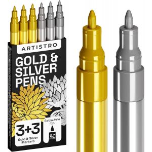 6 Feutres Acryliques Métalliques Pour Roche,Pierre,Céramique,Verre,Bois,Tissu,Toile,Métal,Scrapbooking,Lot De 3 Marqueurs Or Et 3 Argent À Base D'eau À Pointe Extra-Fine De 0,7 Mm - Neuf