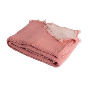 Couverture Plaid Coton Franges Rose Saumon 180x220 Cm - Neuf