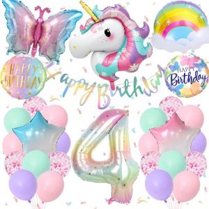 ERYI-4 Ans Decoration Anniversaire Licorne, Deco Anniversaire Pour Filles Avec Birthday Banner, 3D Licorne Papillon Foil Ballons, Grand Foil Number 4, Ballon Pastel Décoration Anniversaire 4 Ans Fill - Neuf