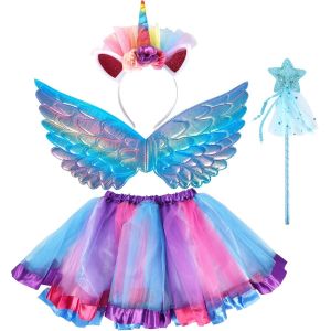 Mdy-4 Pcs Jupe Buste Licorne Enfant, Robes Fille, Robe De Soirée Licorne, Déguisements Cosplay, Robe De Princesse Avec Licorne, Convient Aux Filles De 3 4 5 6 7 8 Ans - Neuf