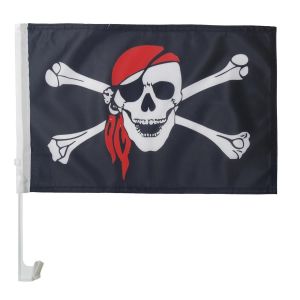 KALANKA-- Drapeau Pirate foulard rouge Pour Décoration Voiture Avec Attaches En PVC Et Système d'Accroche - Car Flag Corsaire Avec Bandana - 100% Polyester - 50g - 45x30 cm - Neuf