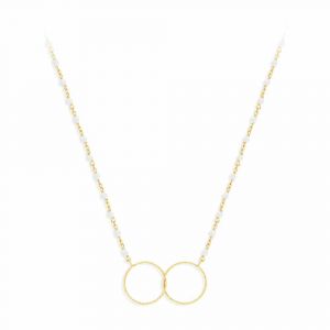 Collier Argent Dor&eacute; Double Rond Et Pierre De Lune Blanche - Neuf