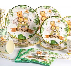 Letnerny-Vaisselle De Fête Animaux De Jungle, Fournitures De Fête D'anniversaire, Vaisselle En Carton Animal Assiettes Tasses Et Serviettes Pour Anniversaire D'enfants(24 Invités) - Neuf
