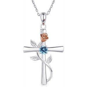 Kal-Rose Croix Pendentif Collier Cristal Fleur Feuille Crucifix Collier Religieux Chrétien Croix Bijoux Pour Femmes Filles Adolescents (Bleu) - Neuf