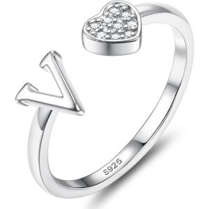 Bague Argent 925 Femme Avec Lettre A-Z Bague Coeur Reglable Empilables Ouvert Bague De Fian&ccedil;ailles Bague Promesse Mariage Bague Pouce Bague Pr&eacute;nom Initiale Bague Femme Fille Avec Bo&icirc;te - Neuf