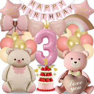 SJZG-D&eacute;coration D'Anniversaire Pour Fille - Ours - Ballon D'Anniversaire De 3 Ans - Rose Dor&eacute; - D&eacute;coration D'Amour - Arc En Ciel - Ballon Happy Birthday - Ballon B&eacute;b&eacute; De 3 Ans - Neuf